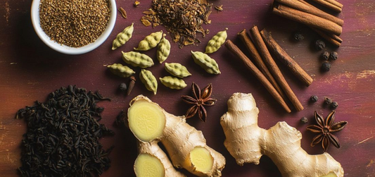 A vibrant assortment of whole spices, including green cardamom, cinnamon sticks, cloves, black peppercorns, fennel seeds, and fresh ginger, beautifully arranged.
