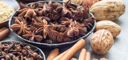 different kinds of aromatic winter spices in bowls